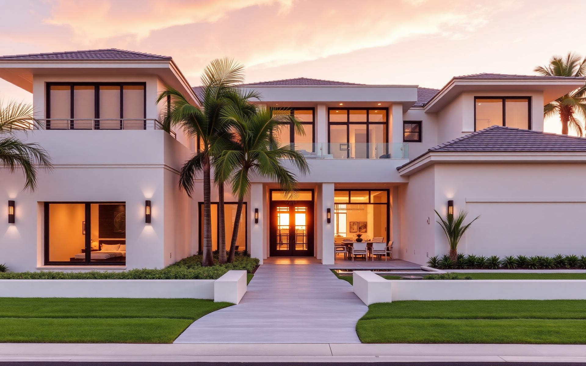 Modern custom home in Wellington, Florida at golden hour with palm trees and impact-glass entry